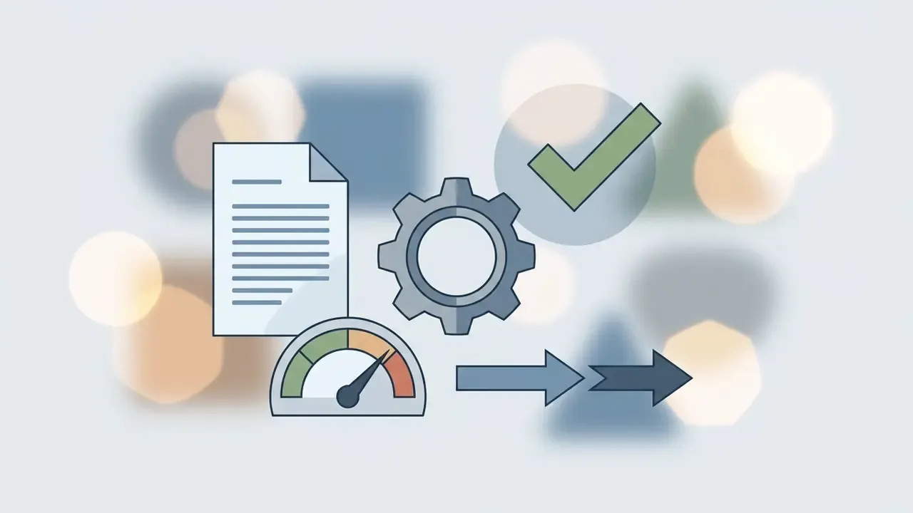 Document icon with a gear, a checkmark, and a gauge pointing to a progress arrow against a bokeh background