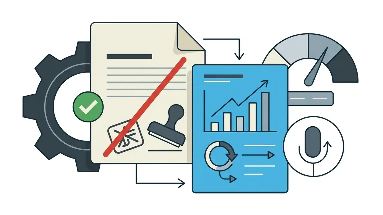 Document marked with a red strike and stamp transitioning into updated analytics and voice recording icons