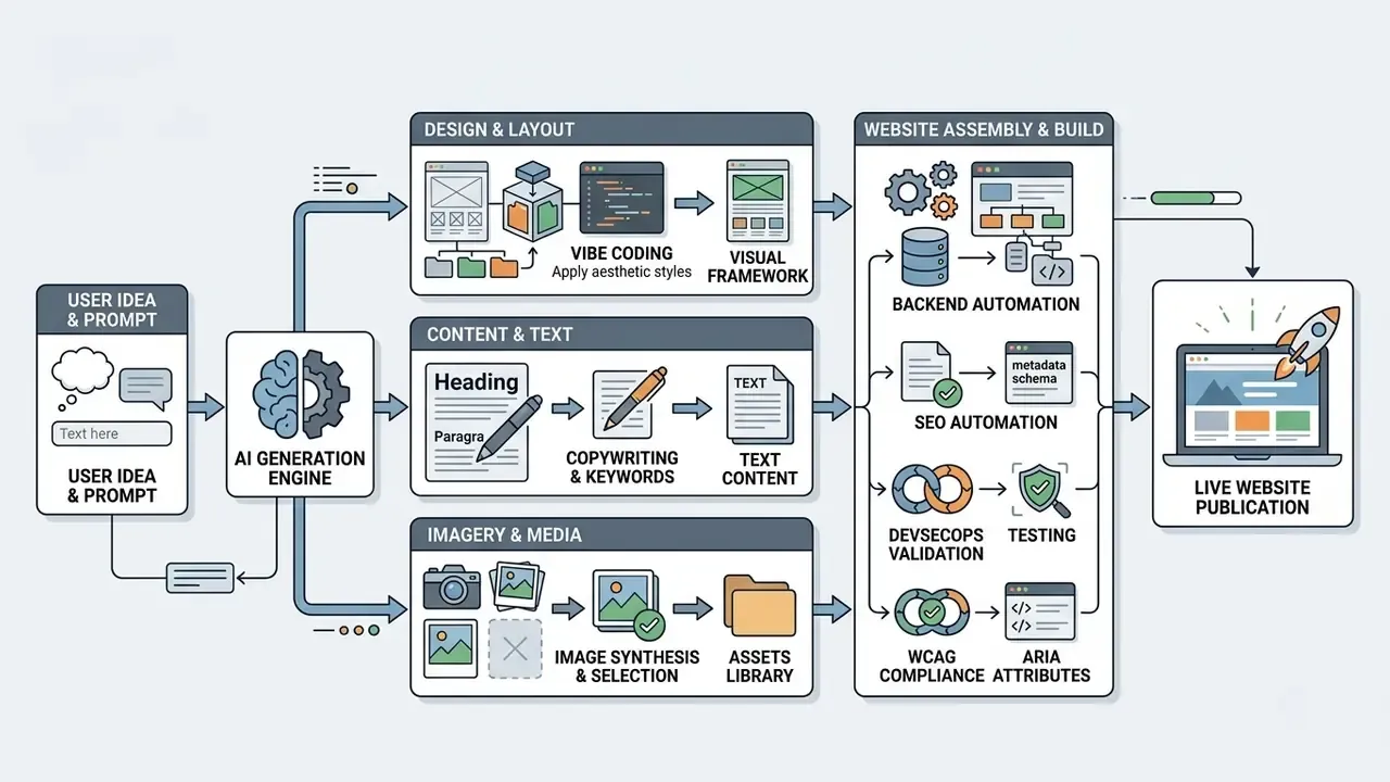 Diagram showing how an ai website generator processes user prompts into design, content, and live deployment
