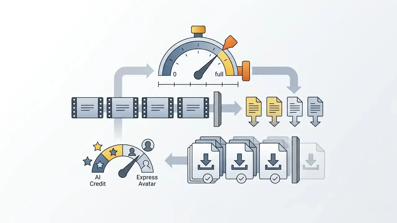 Speedometer gauge monitoring video production flow into document exports and avatar credit usage limits