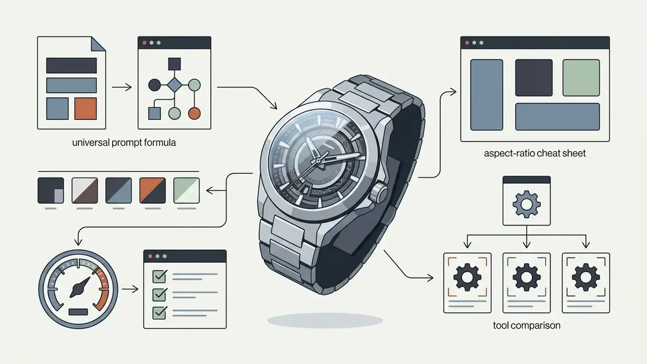 Wristwatch surrounded by icons representing prompt formulas, aspect ratios, color palettes, and gear tools