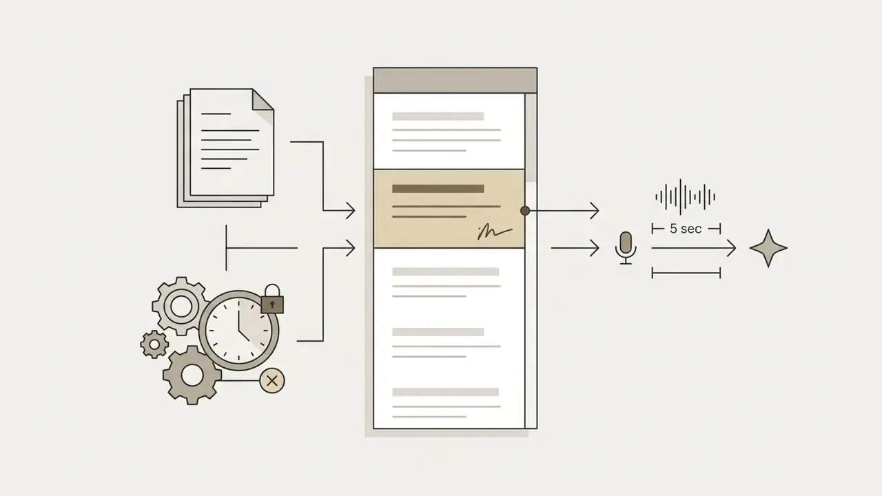 Document and gear mechanism feeding into a central form leading to a five second audio waveform and star