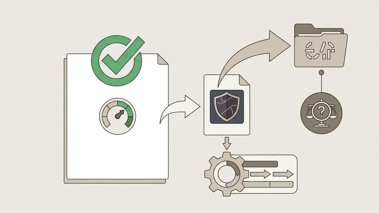 Page with a checkmark and gauge feeding into a shield icon, a gear hub, and a folder with legal scales