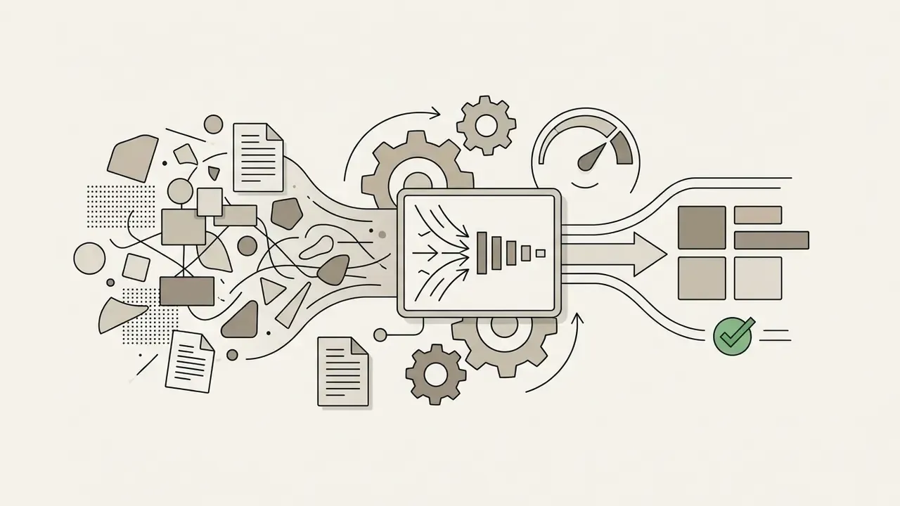 Disorganized shapes and documents funneling into a central processing box with gears and a gauge for refinement