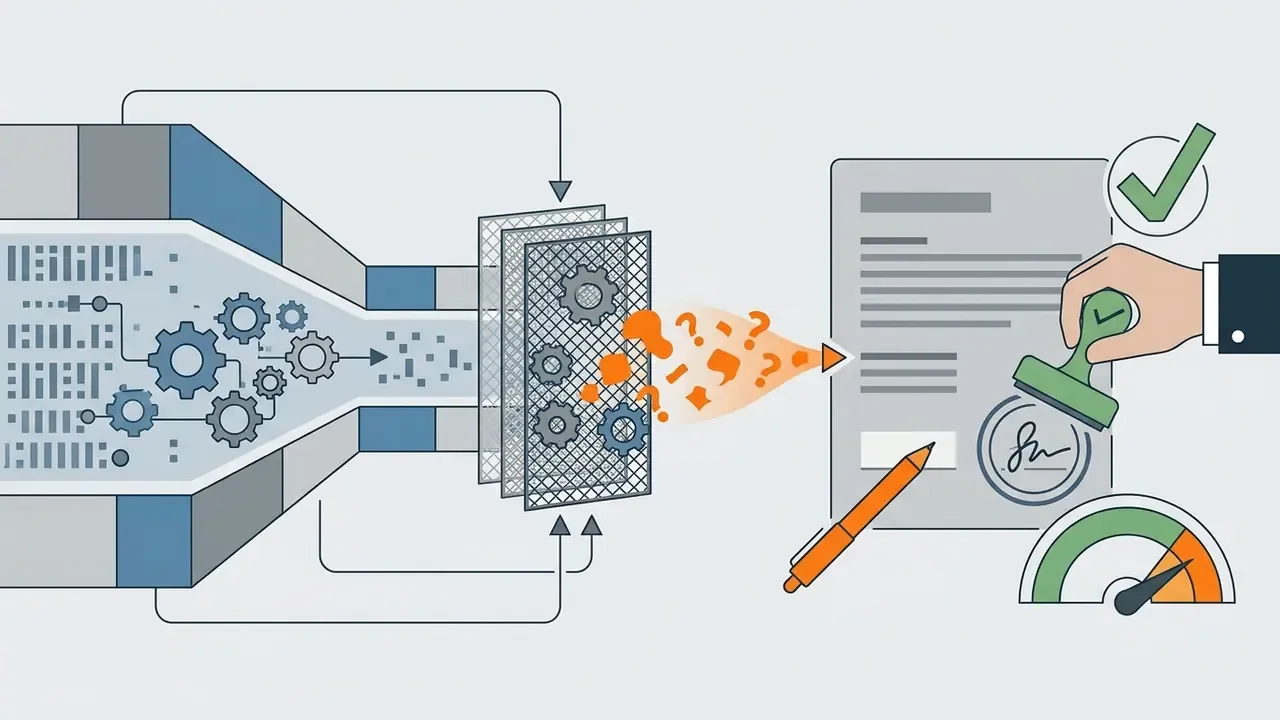 Processing gears feeding into a filter with question marks before a hand stamps a document