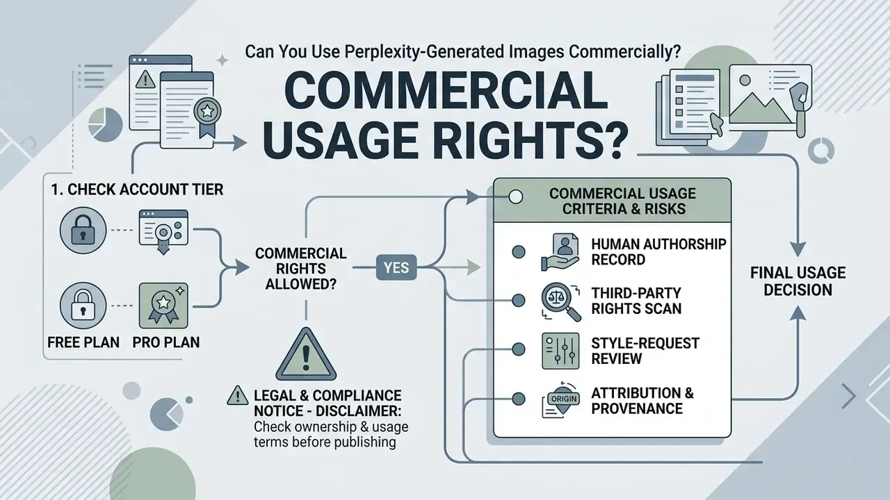 Flowchart outlining the decision process for determining commercial usage rights for Perplexity AI images