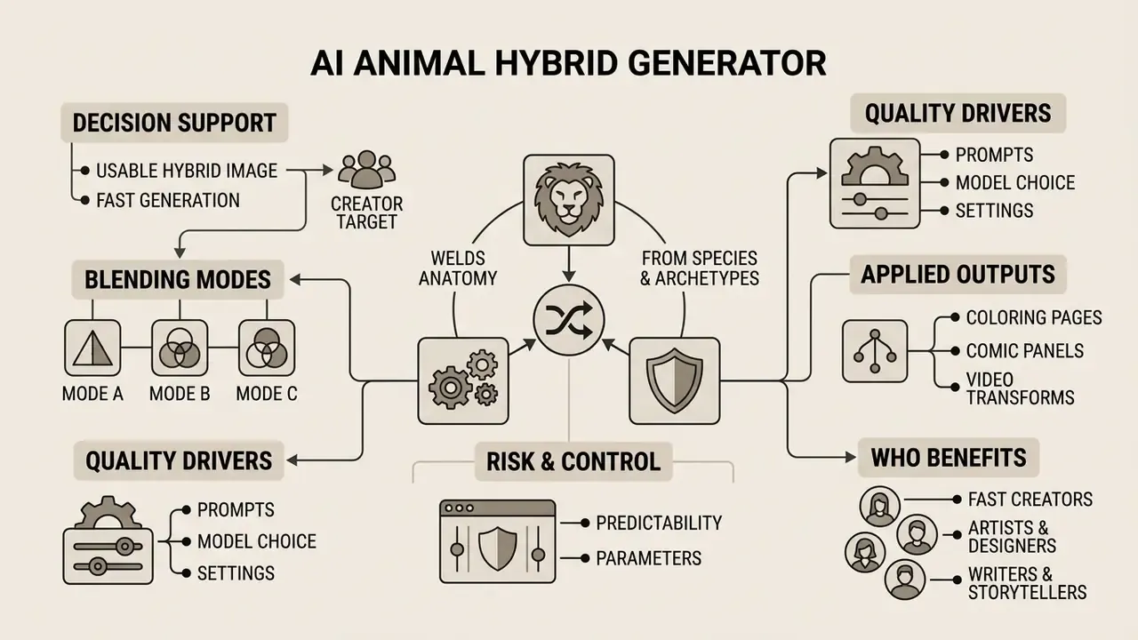 Infographic showing the workflow and key components of an AI animal hybrid generator tool