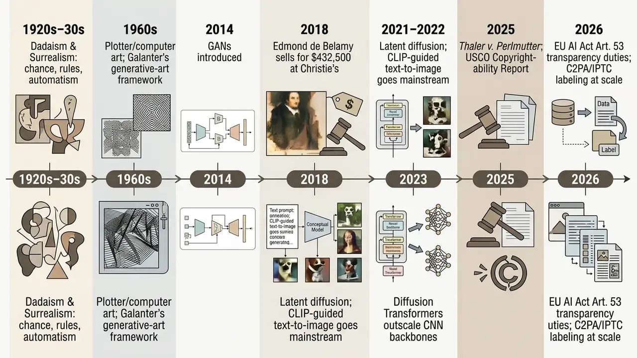 Timeline graphic tracing the history of algorithmic creativity from early 20th century art to modern AI
