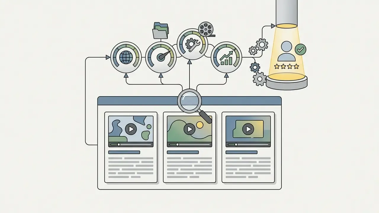 Magnifying glass filtering video portfolio thumbnails through performance metrics to highlight top talent