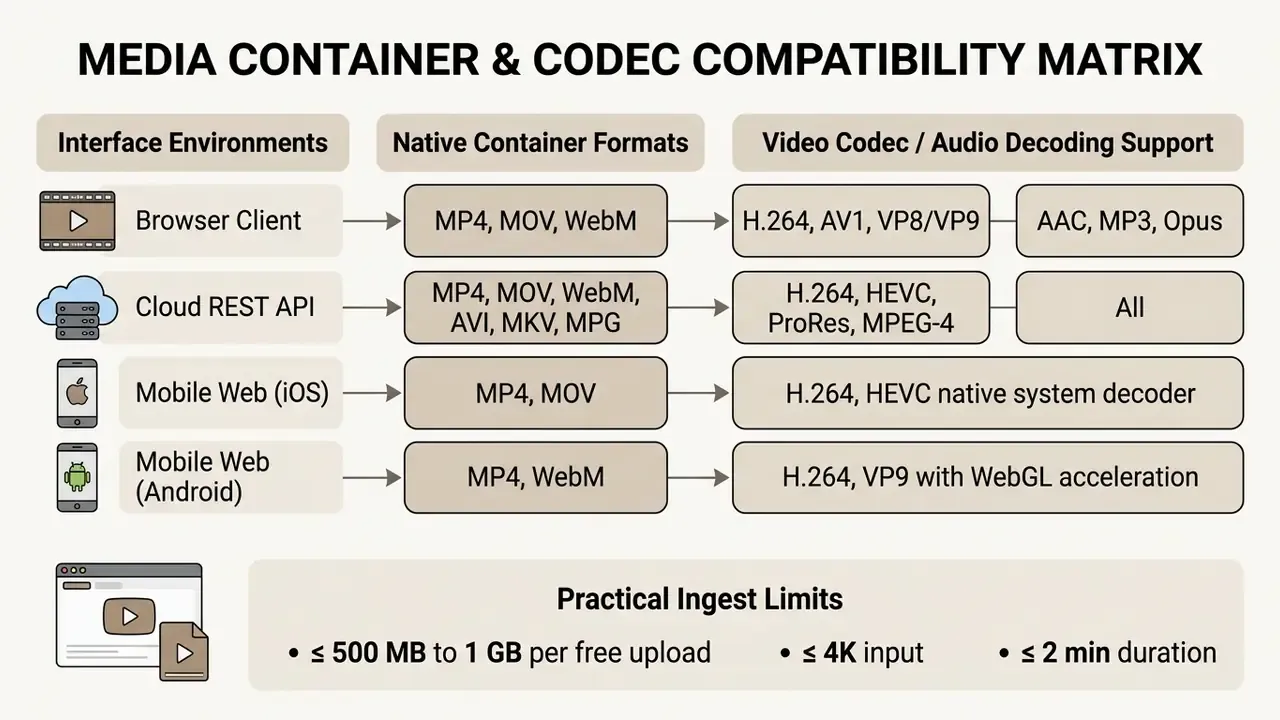 Table comparing media container formats, video codecs, and audio support across various interfaces