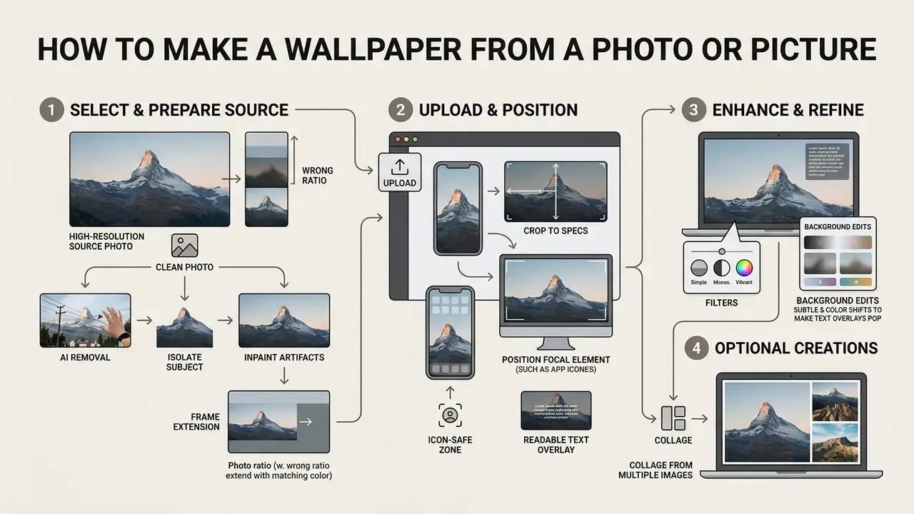 Step by step guide showing how to prepare, crop, and refine photos to create a custom wallpaper