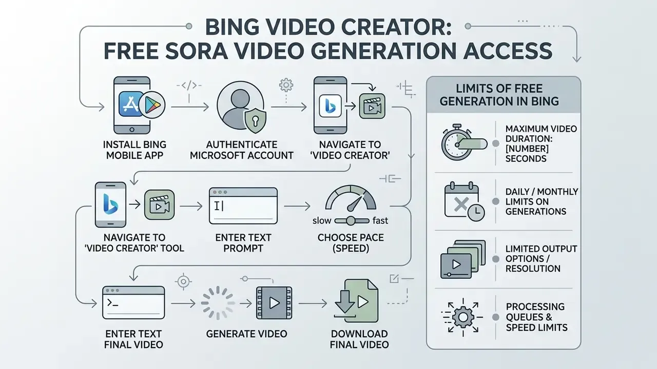 Step-by-step infographic detailing the process to access and use OpenAI Sora via the Bing mobile app