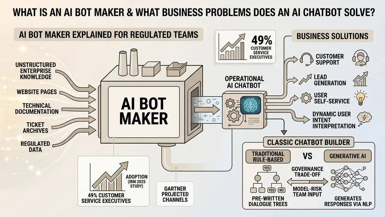 Diagram showing enterprise data being processed by an AI bot maker to generate operational chatbots