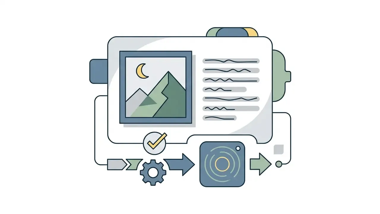 Document displaying a mountain landscape illustration and text alongside a gear and settings icon