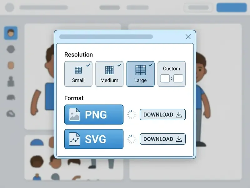Export modal window showing resolution options and buttons to download files in PNG or SVG format