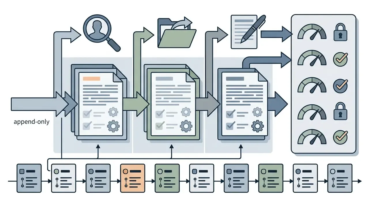 Sequential process showing data records feeding into an append-only audit log with status monitoring