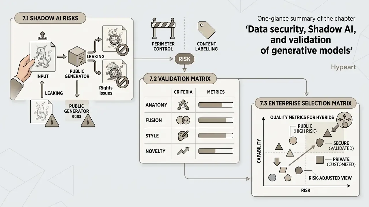Summary diagram showing data leakage risks, validation criteria, and a risk-adjusted enterprise selection matrix