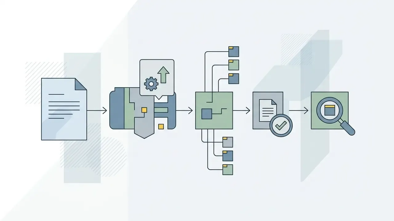 Document data being processed through a series of steps into verified records and audited entries