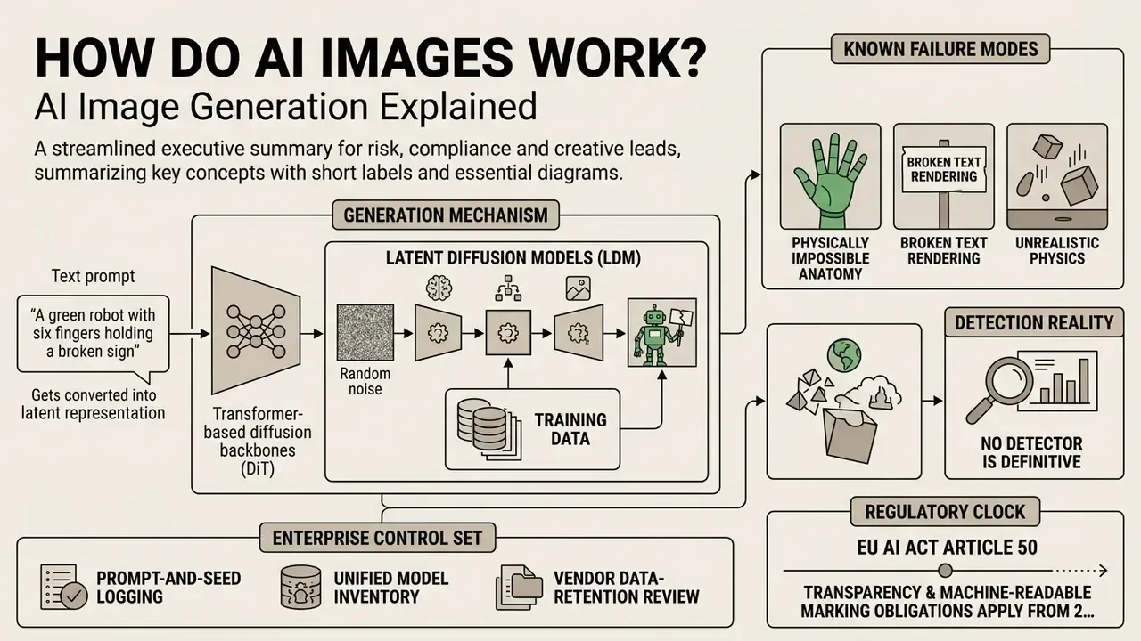 Infographic showing how AI images work through latent diffusion models, failure modes, and regulations