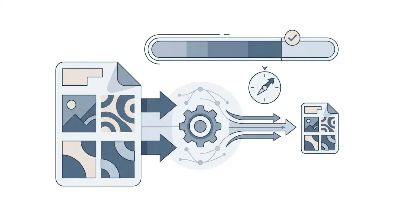 Document with images passing through gears and a compass to be refined into a final output file