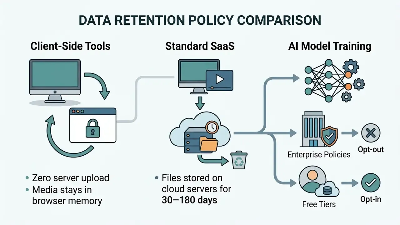 Overview of data retention policies for client-side tools, cloud SaaS storage, and AI model training