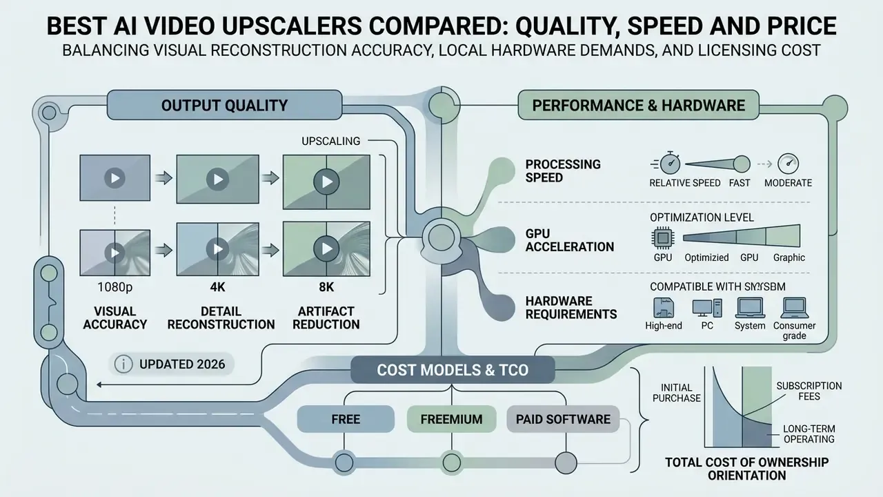 Infographic summarizing video upscaling quality, hardware performance requirements, and licensing costs