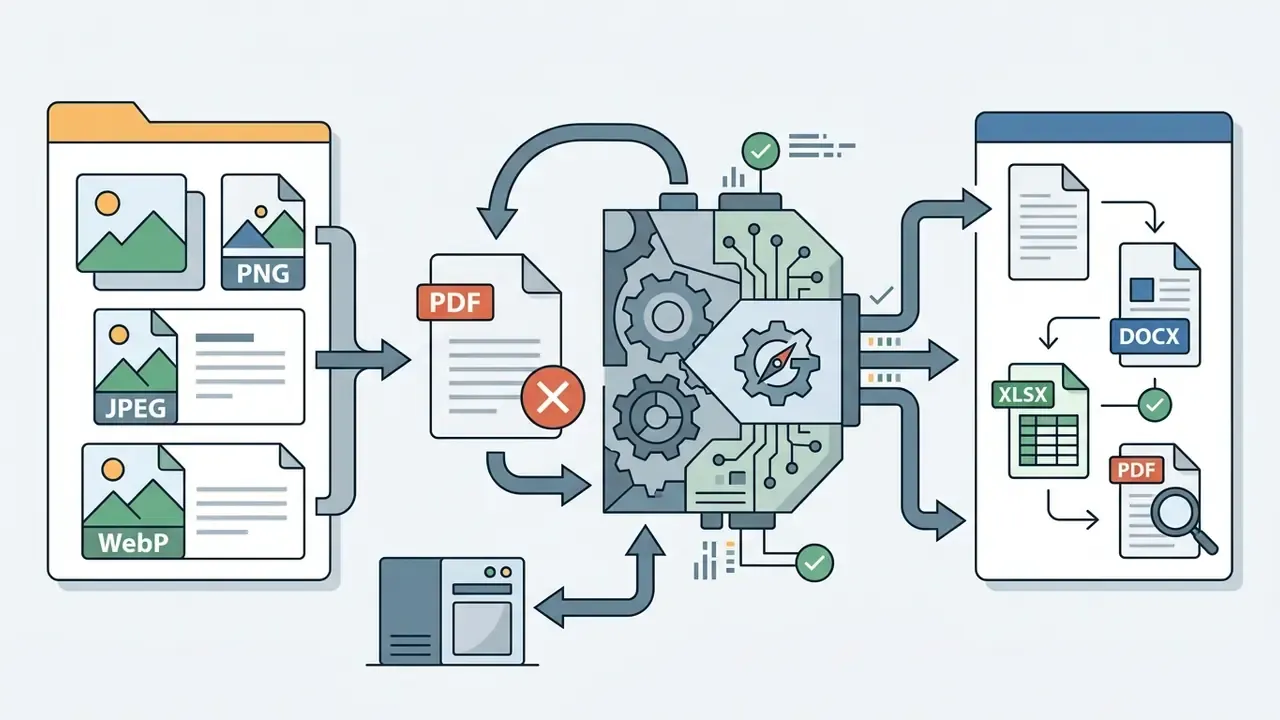 Diagram showing raster files being processed by a mechanical engine while PDF files are excluded
