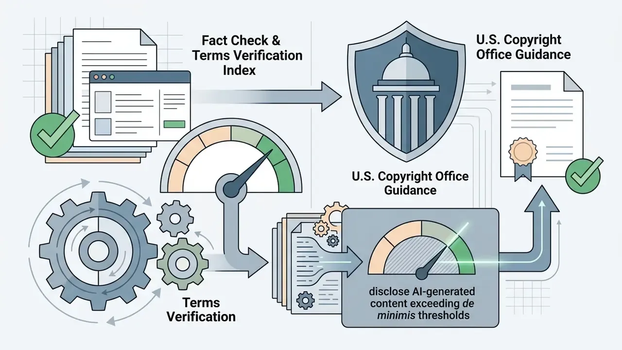 Documents and gears connecting to a shield icon and a certified form regarding copyright disclosure