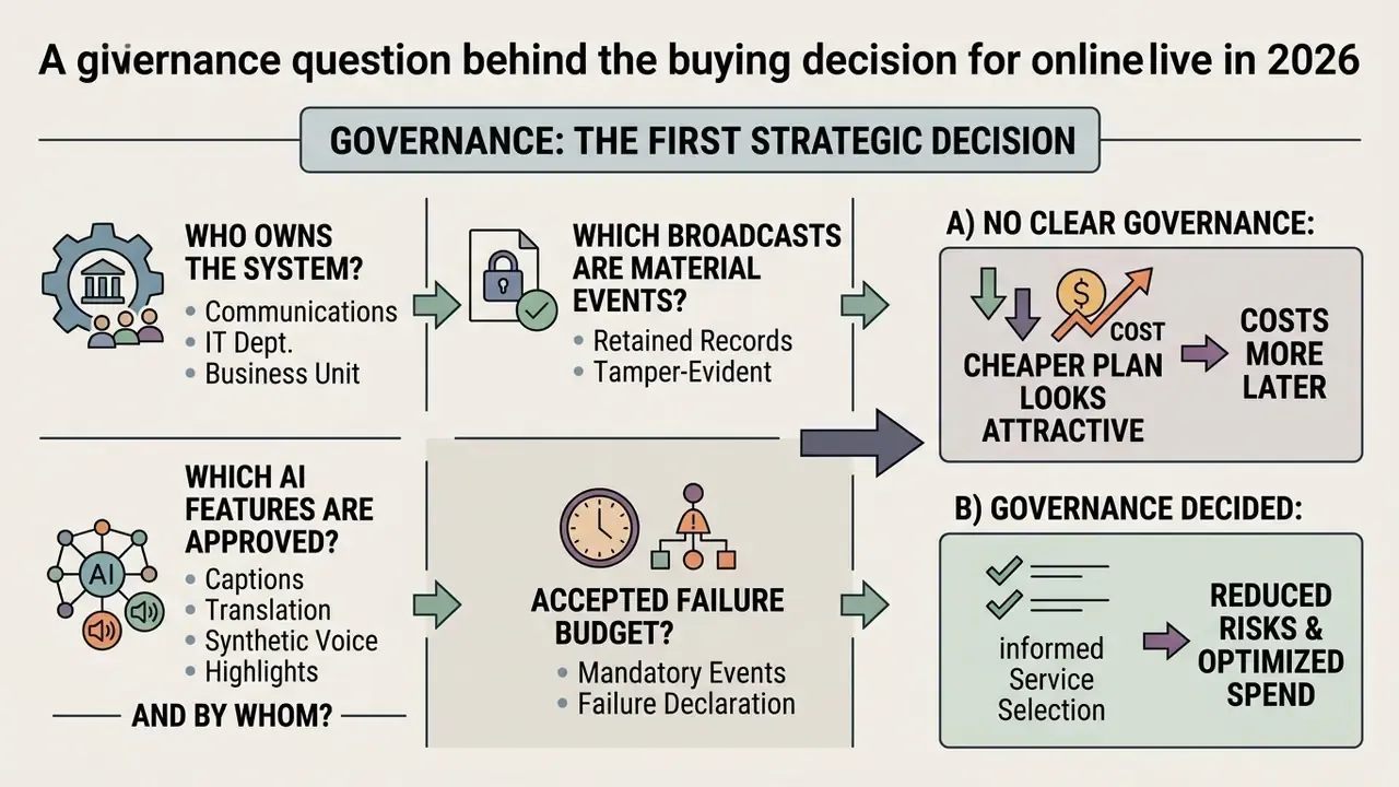 Infographic showing how strategic governance decisions impact the selection of online live video services