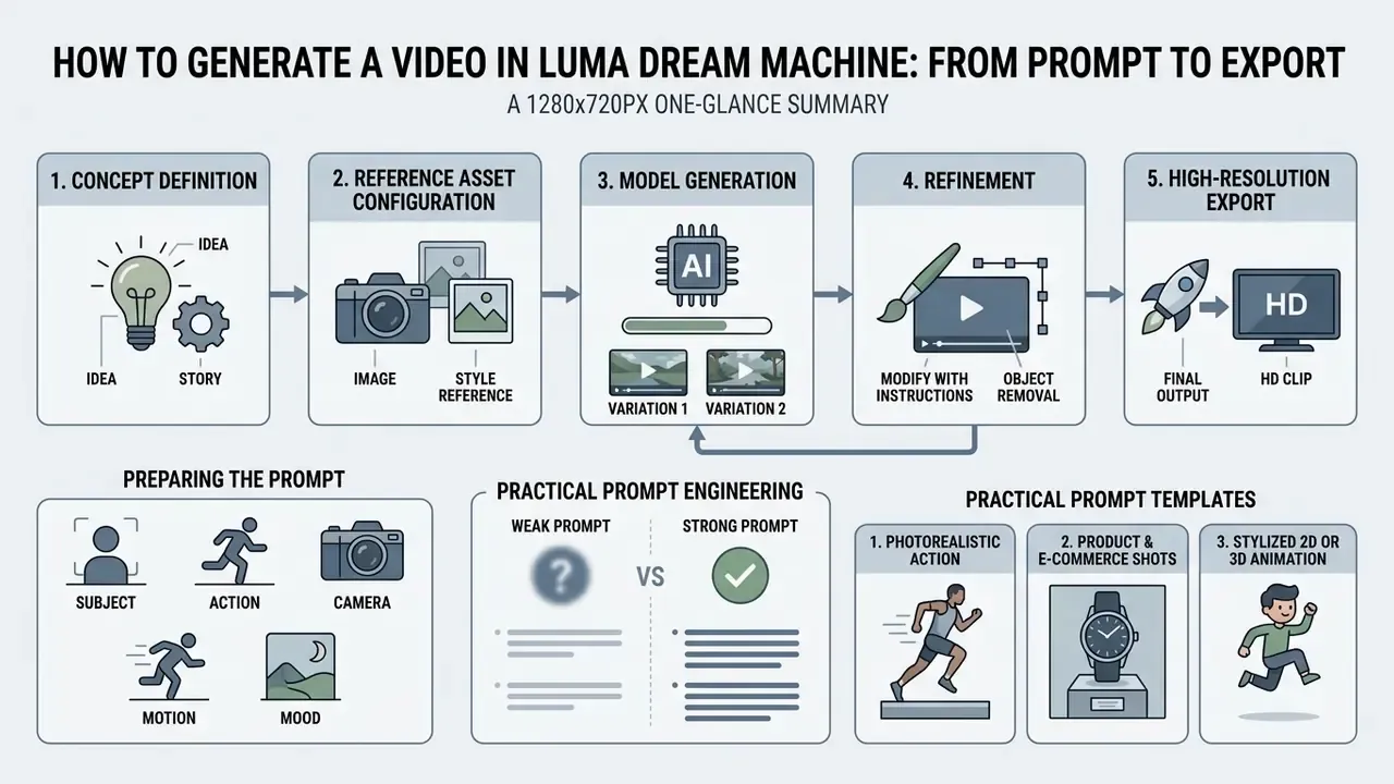 Five-stage infographic showing the Luma Dream Machine workflow from concept definition to high-resolution export