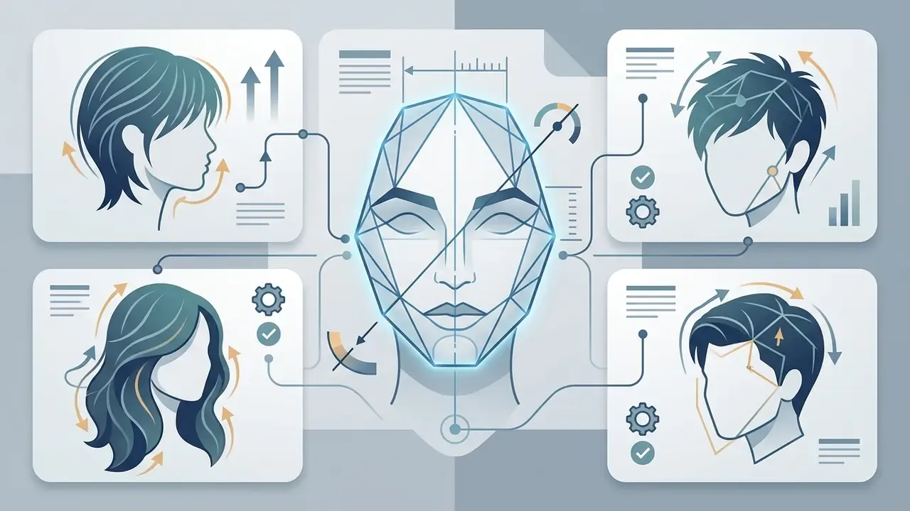 Central face model connected to four profile views showing various hairstyles and facial geometry mapping