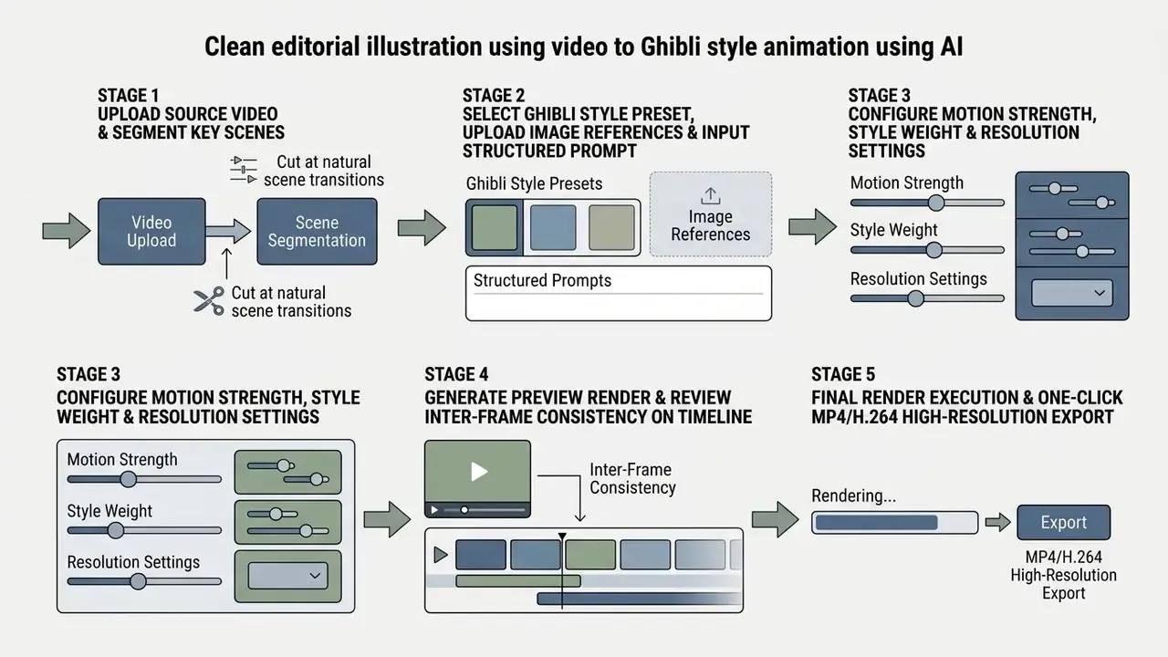 Five stage process diagram for video to Ghibli style animation using AI with settings and export steps