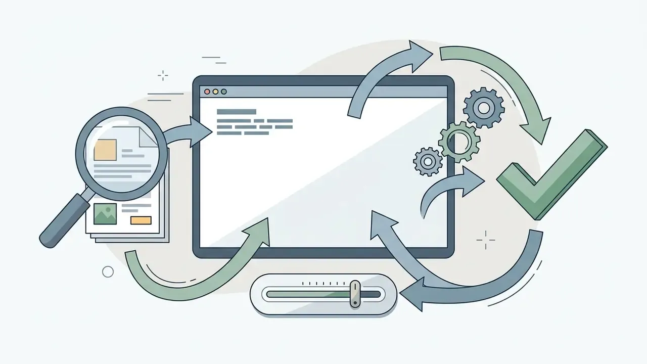 Magnifying glass examining a document before it cycles through a digital interface to reach a checkmark