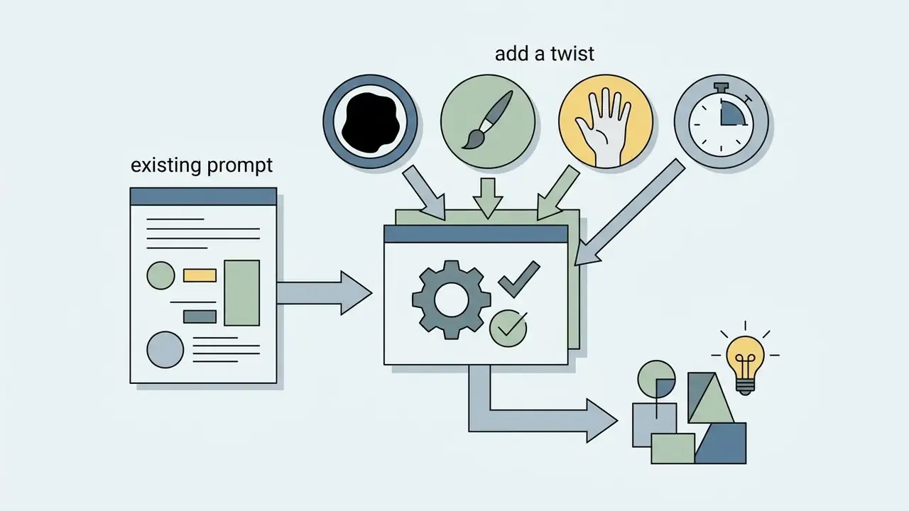 Existing prompt and twist icons feeding into a central gear processor to create a new creative concept
