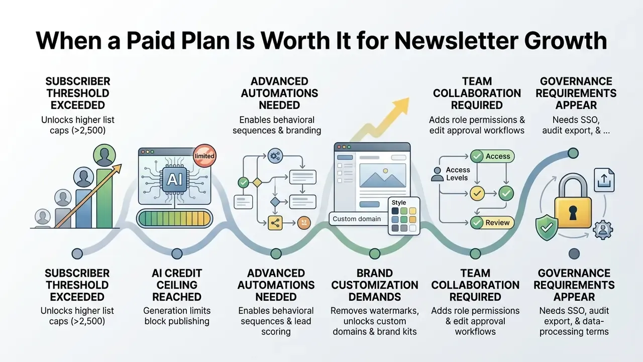 Sequence of business milestones showing triggers for upgrading to paid email marketing software plans