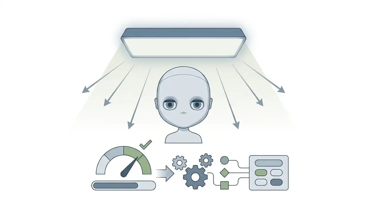 Overhead light panel illuminating a doll head with a status gauge and processing gears below