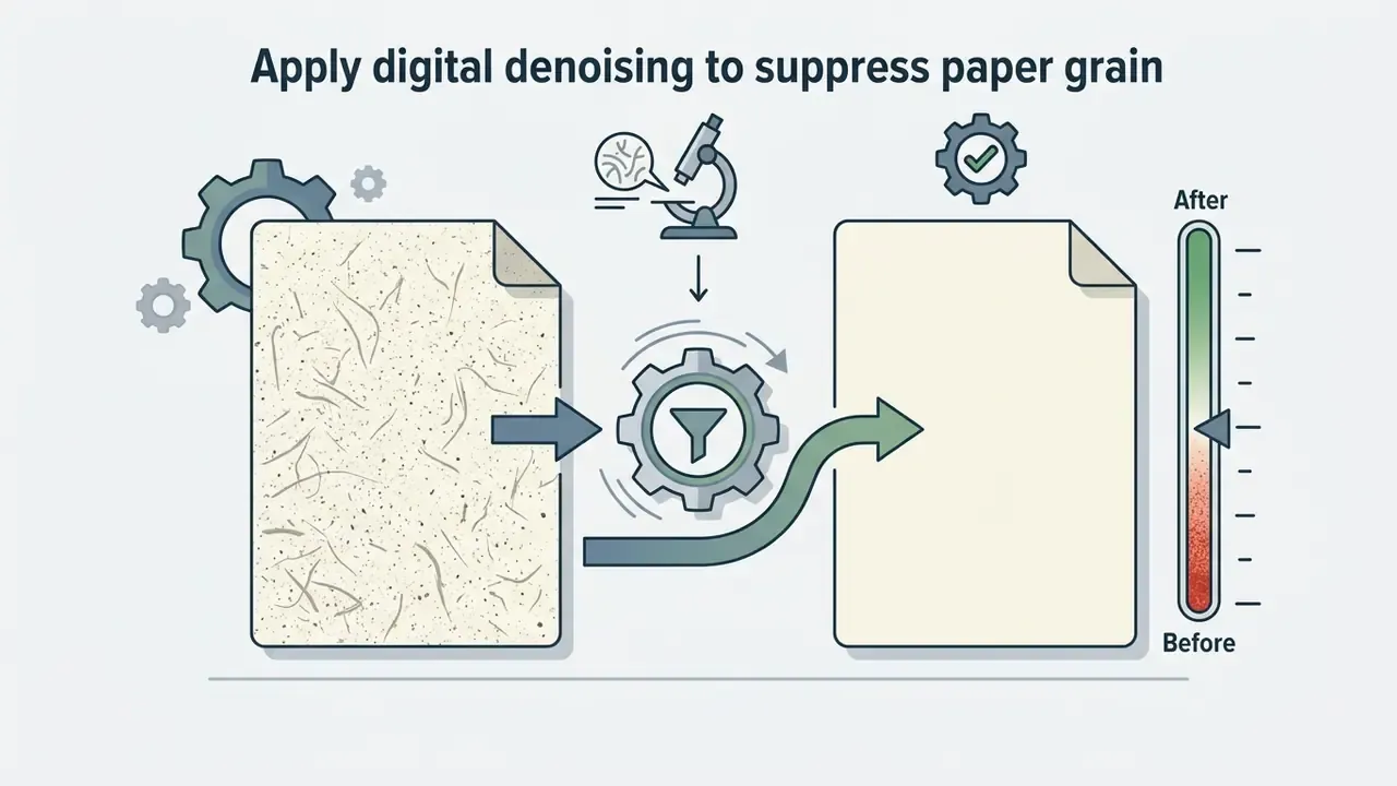 Grainy document passing through a filter gear to emerge as a clean file with a status slider