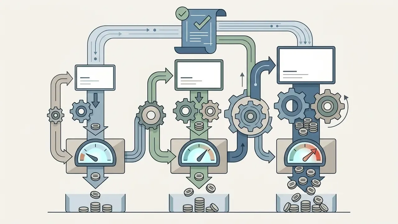 Three processing channels with gears and gauges converting digital inputs into varying amounts of currency
