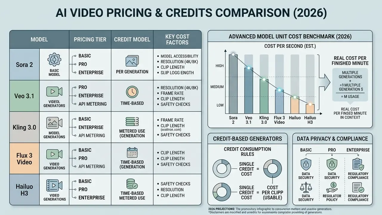 Table comparing AI video models, pricing tiers, and unit cost benchmarks for 2026