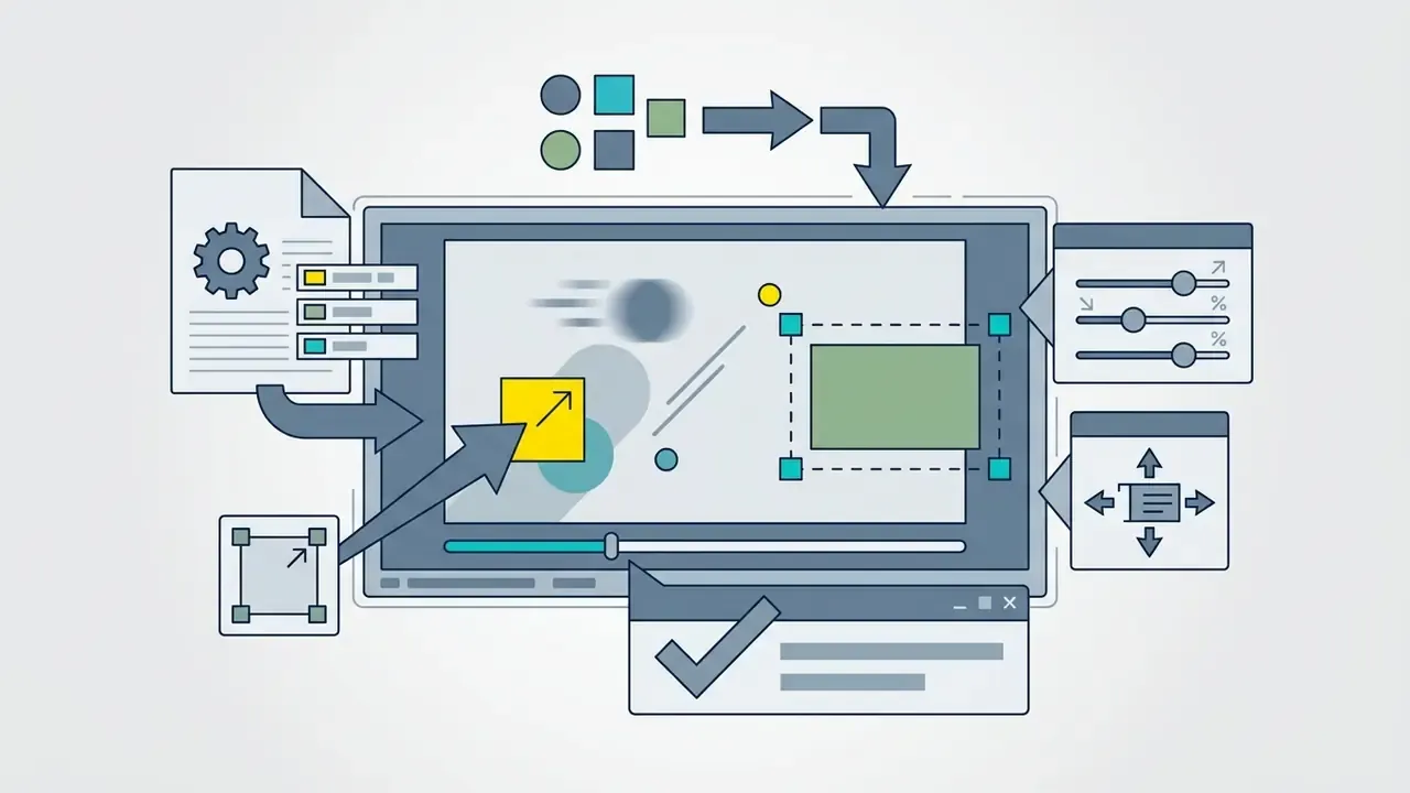 Central video preview window surrounded by icons for scaling, positioning, and adjusting media assets