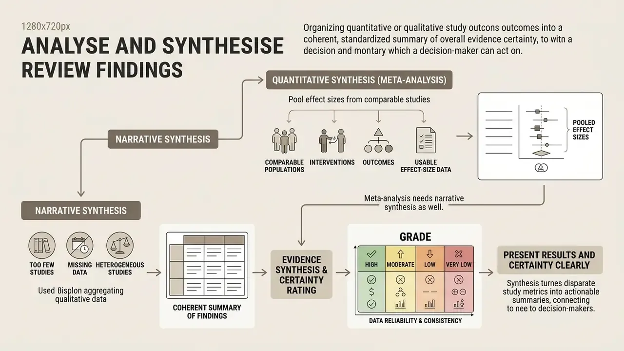 Flowchart showing quantitative and narrative synthesis methods leading to evidence certainty ratings