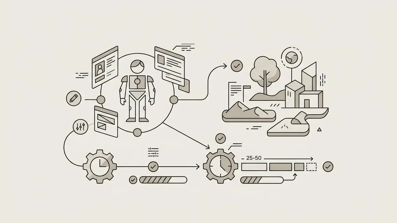 Robot figure surrounded by document icons connecting to a landscape scene and progress loading bars
