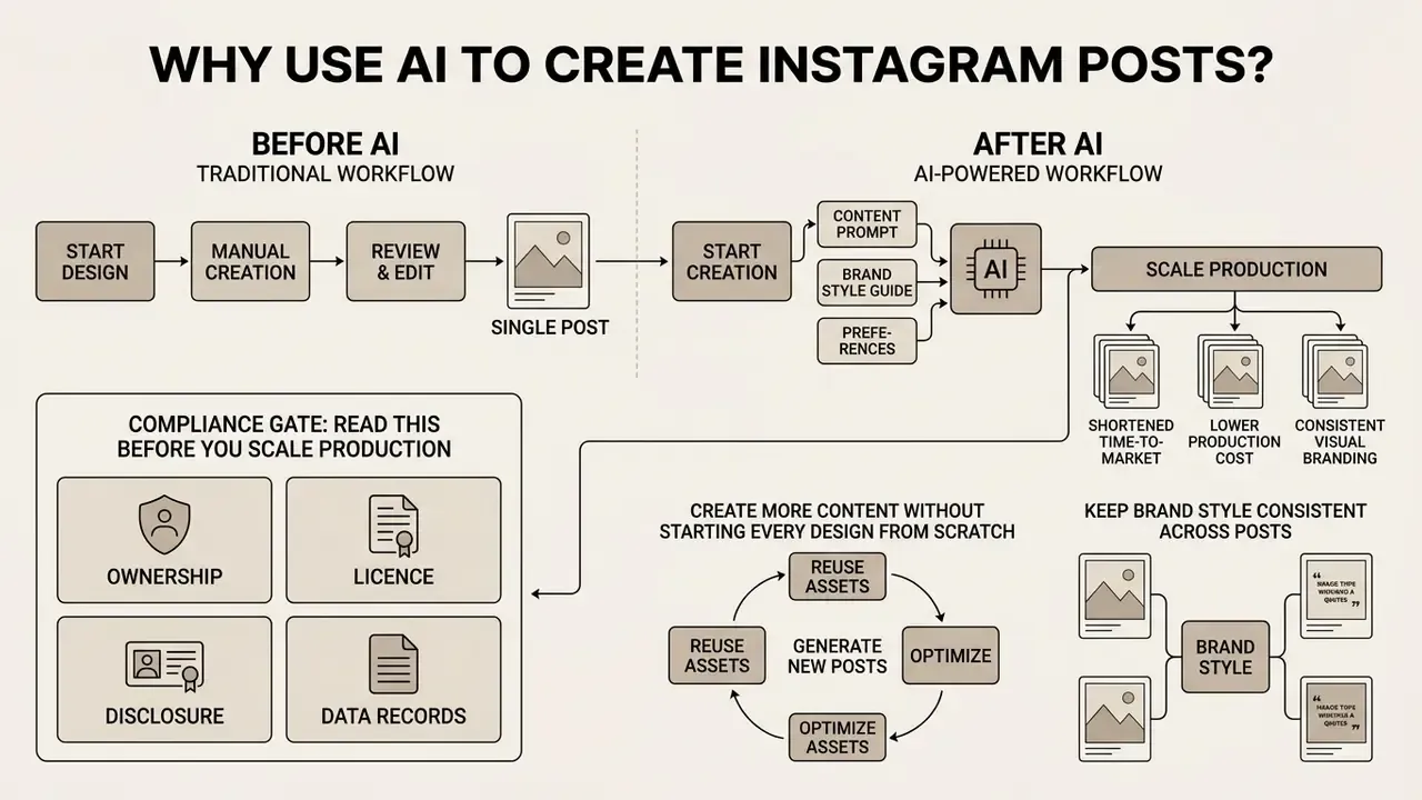 Infographic showing how an ai instagram post generator streamlines workflows and ensures compliance