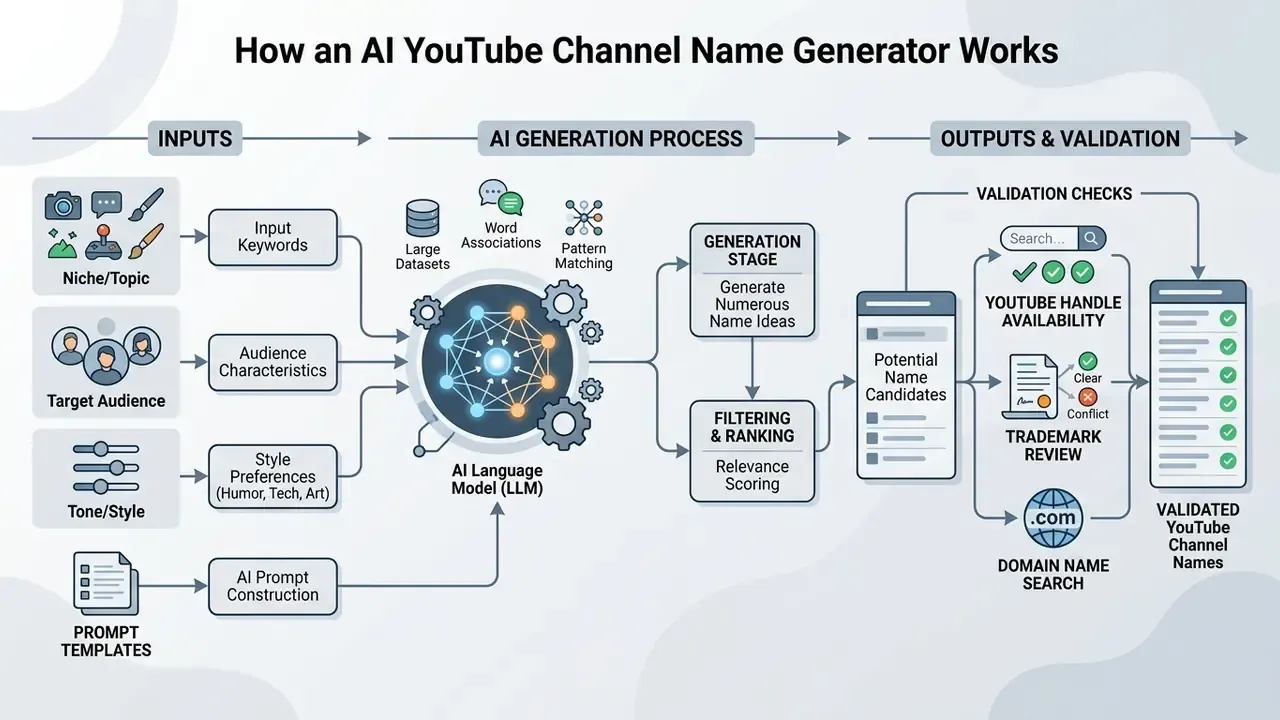 Flowchart showing inputs, AI processing, and validation steps for creating YouTube channel names