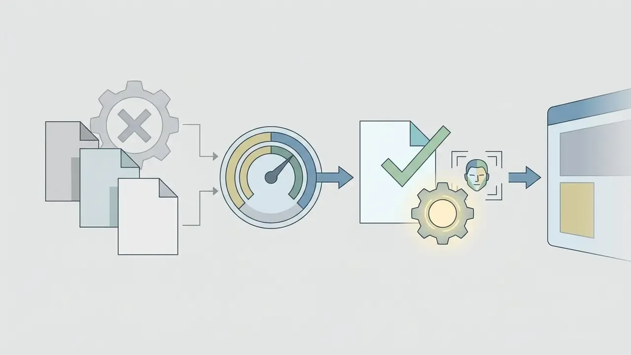 Documents passing through a gear and speedometer to reach a verified document and facial recognition icon
