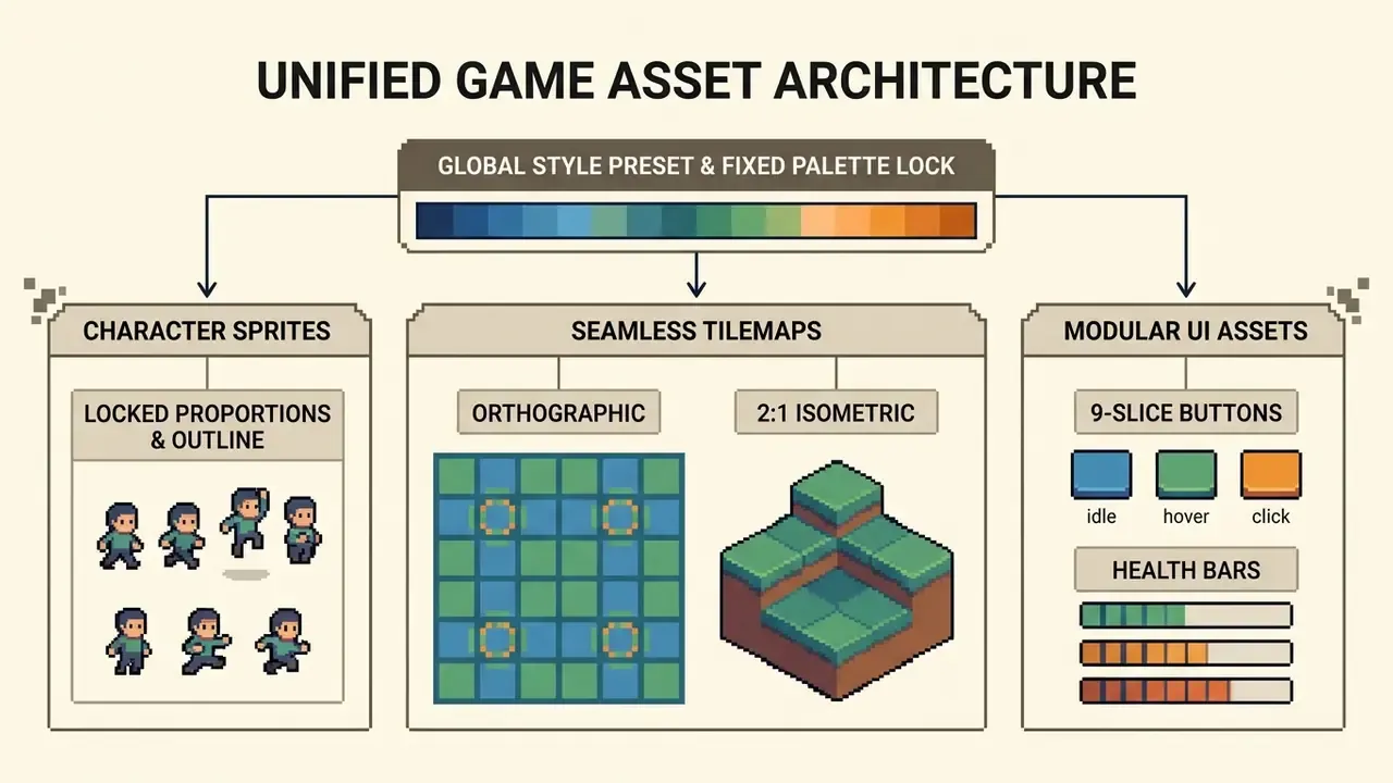 Diagram showing a unified asset workflow for character sprites, tilemaps, and modular UI elements