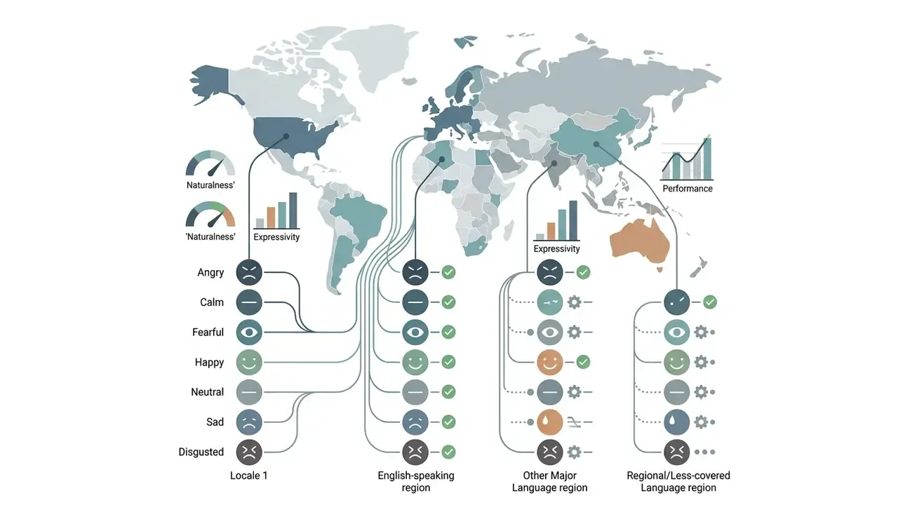 World map connecting regional language groups to specific emotional vocal expression settings