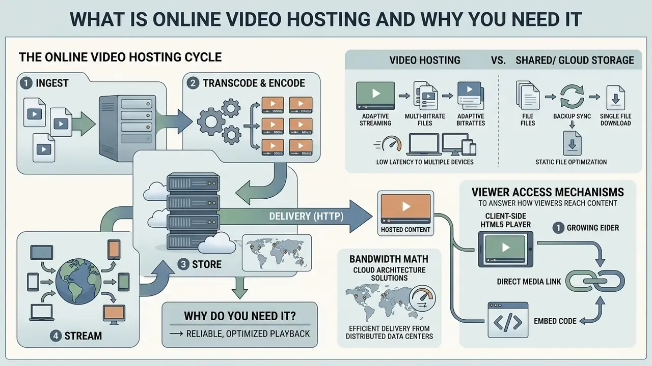 Flowchart showing the online video hosting cycle from ingestion and transcoding to storage and delivery