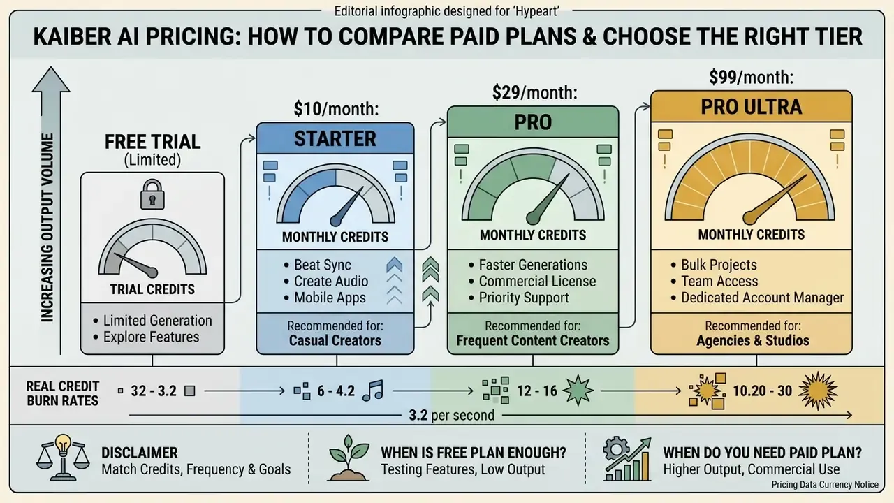 Comparison chart of Kaiber AI subscription tiers showing credit usage against monthly output volume