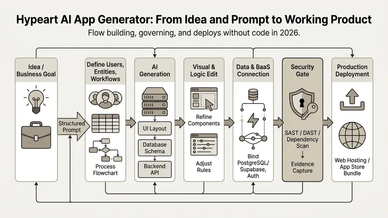 Step by step diagram showing the software development lifecycle from initial idea to final deployment